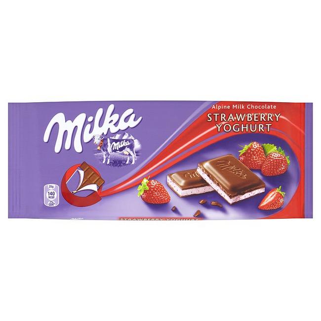 Milka Mliečna čokoláda z alpského mlieka s náplňou s jahodovo-jogurtovou príchuťou 100 - Klas